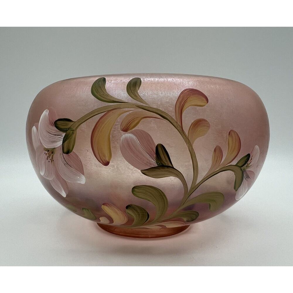 Fenton Hand Painted Pink Iridescent Stretch Glass 6” Floral Rose Bowl Signed